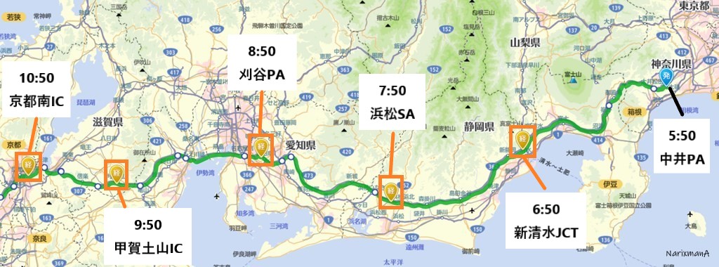 神奈川から京都までのルート